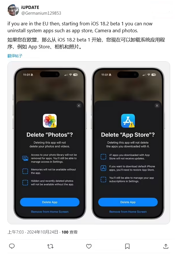 东光苹果手机维修分享iOS 18.2 支持删除 App Store 应用商店 